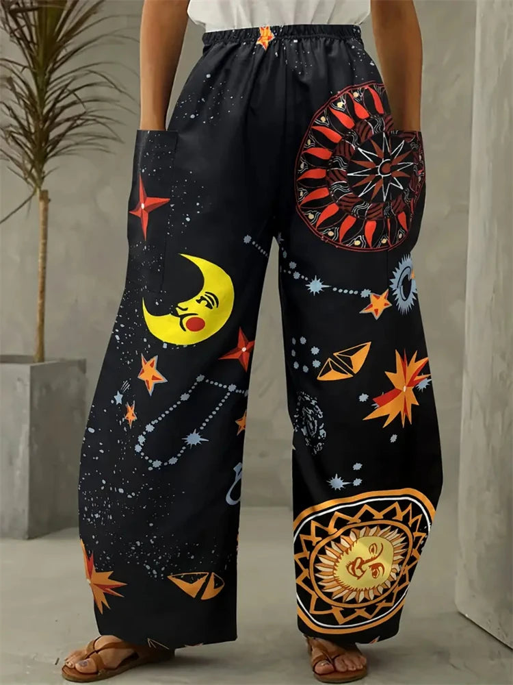 Women's Fashion New Wide-legged Pants Elegant 3d Sun, Moon And Star Printed Pants Women's Street Vintage Pants With Pockets