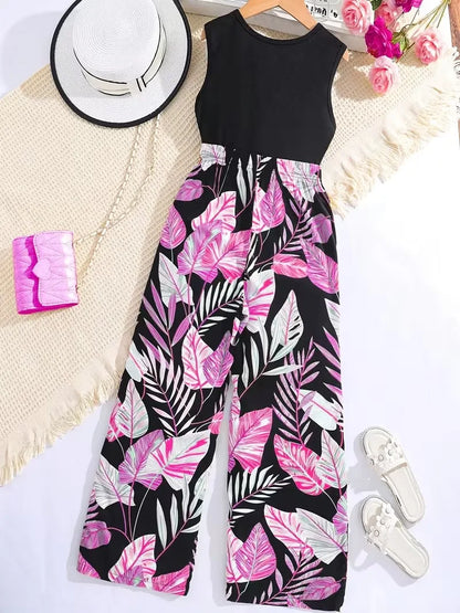 Girls Tropical Jumpsuit – Black Sleeveless Top with Pink Leaf Print Wide Leg Pants Romper for Summer