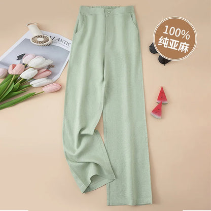Women's 100% Pure Linen Wide-Leg Pants Loose Drape Ankle Length Summer Thin Straight-Cut Casual Trousers