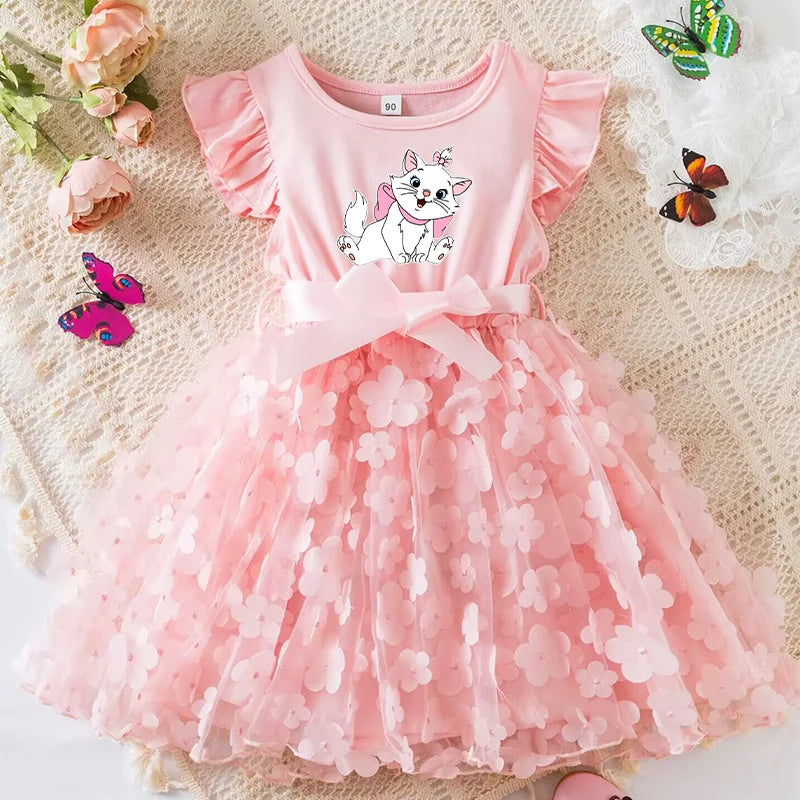 Marie Cat Girls Summer Dress Cartoon Bow Tutu Dress 3D Butterfly Cute Cotton Party Casual Dress for Baby 2-6 Years