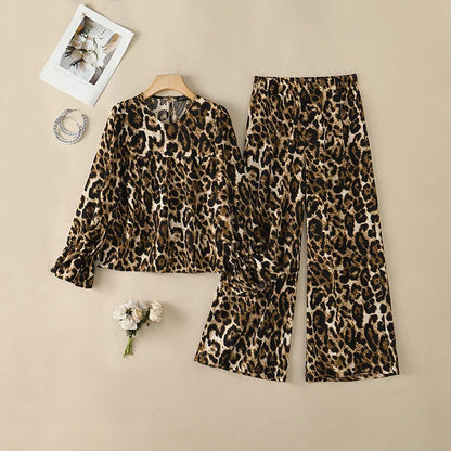ZANZEA Women Muslim Sets Autumn Leopard Print Two Piece Outfit Ruffle Long Lantern Sleeve Blouse Elastic Waist Wide Leg Pants