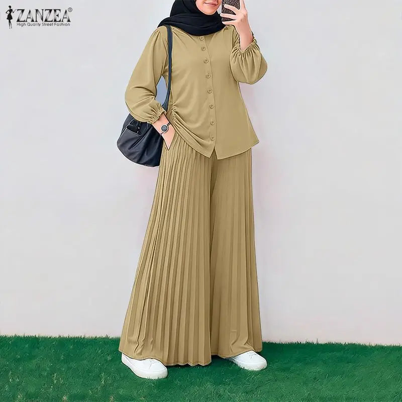 2026 ZANZEA Muslim Hijab Tracksuit Ramadan Outfits Women Pant Sets Long Sleeve Tops Wide Leg Trousers Elegant Solid OL Work Suit