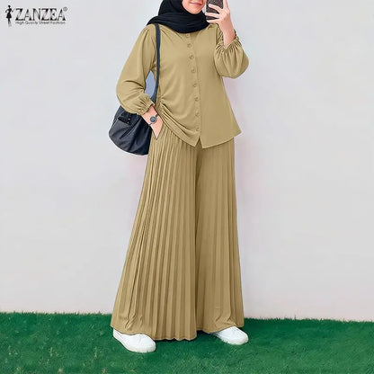 2026 ZANZEA Muslim Hijab Tracksuit Ramadan Outfits Women Pant Sets Long Sleeve Tops Wide Leg Trousers Elegant Solid OL Work Suit