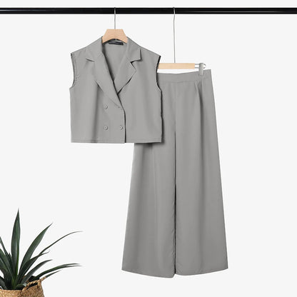 ZANZEA Women's Elegant Pant Sets Lapel Collar Sleeveless Top & Wide Leg Pant 2 Piece Suits Office Lady Commute Work Outfits