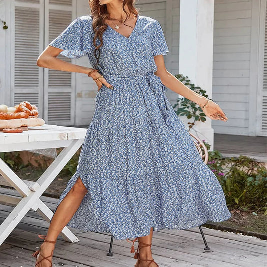 Plus Size Women's All-Over Printed Dress Holiday Style Layered Slit V-Neck Belted Dress