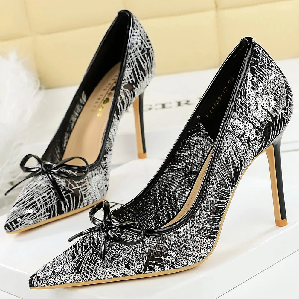 Sexy Lace Sequin Decoration Women Pumps Bowknot High Heels Pointed Tip Ladies Shoes Stiletto 9 cm Heels Women Sexy Party Shoes
