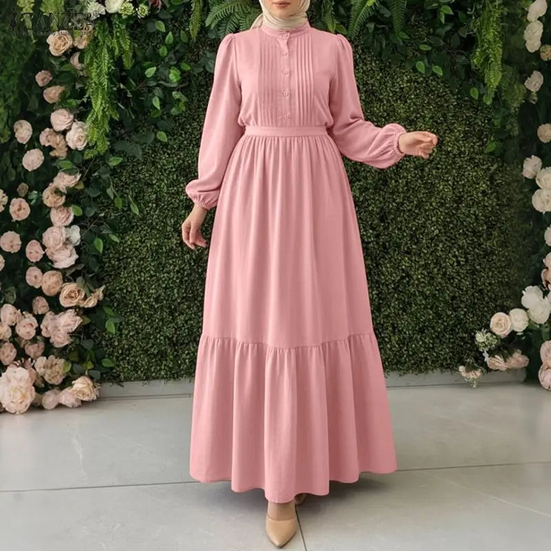 2026 Fashion Muslim Abaya ZANZEA Spring Maxi Long Dress Women Elegant Long Sleeve Pleated Sundress IsIamic Robe Ramadan Kaftan