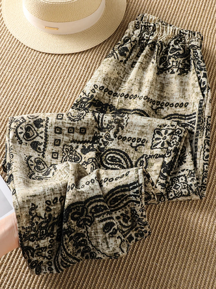 Ladies Casual High Waist Straight Leg Pants Floral Print Elastic Waist plus Size Comfortable Summer Trousers Korean Style