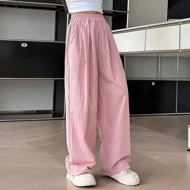 Kids' Korean Streetwear Ice Silk Wide Leg Straight Trousers Lightweight Athleisure Pants for Girls Trendy Casual Sporty Design