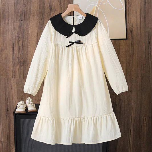 Spring/Summer Big Girl Knee Length Long Sleeve Dress Cute Baby Doll Collar Sweet Ruffle Hem Japanese and Korean Chic Easy Everyd