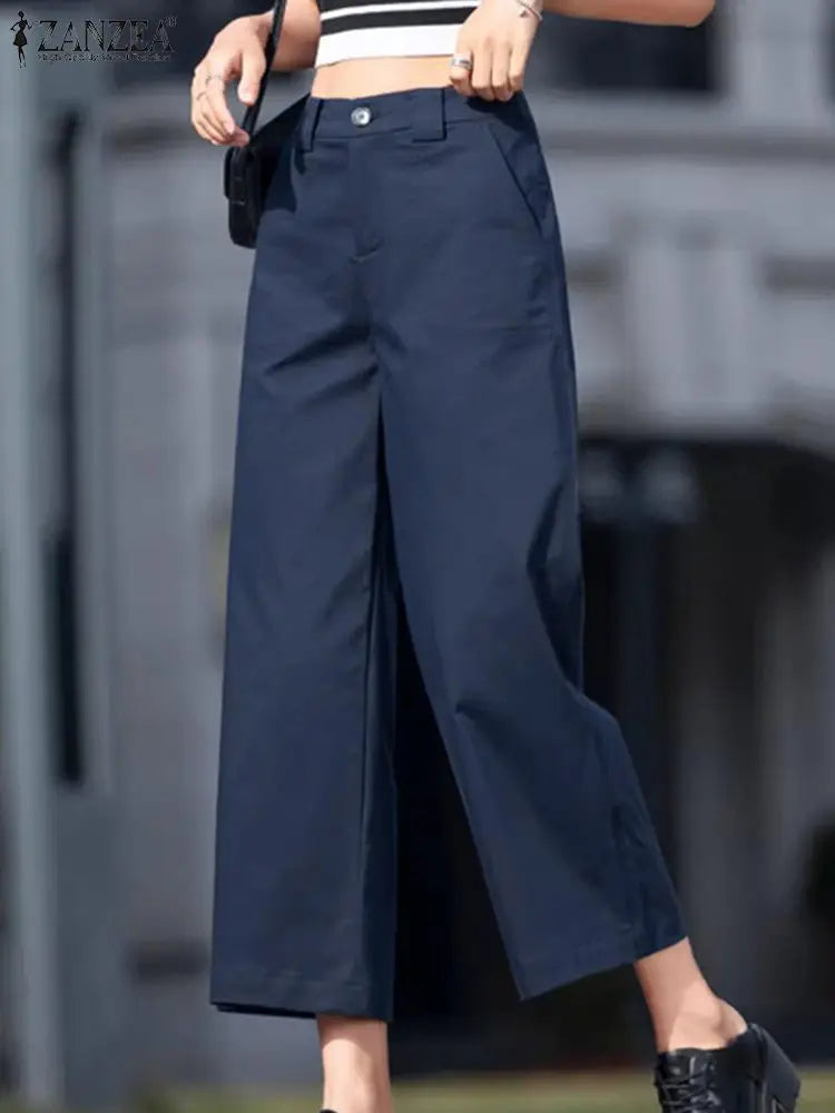 ZANZEA Holiday Solid Pockets Pants Women Straight Long Pants Casual Loose Wide Leg Trousers 2024 Summer High Waist Pantalons