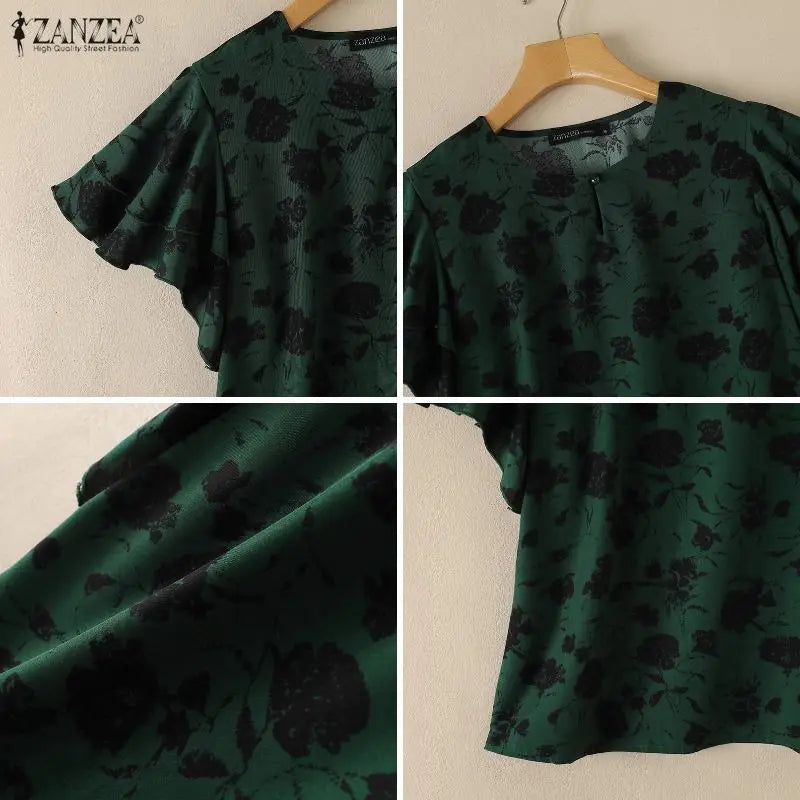 ZANZEA Summer Short Sleeve Tops Fashion Ruffles Women Blouses Floral Print Blouse Tee Streetwear OL Work Party Blusas Tunic 3XL