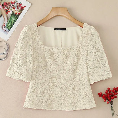 ZANZEA Women Classy Elegant Lace Patchwork Blouses Square Neck Half Sleeve Side Zipper Fitted Short Tops Summer Blusas de Mujer