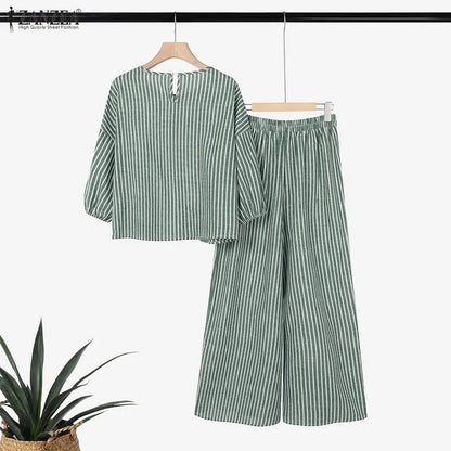 2026 ZANZEA Summer Pant Sets Women Striped Tracksuit 2 Piece Sets Short Sleeve Blouse Wide Leg Trousers Elegat OL Work Tracksuit