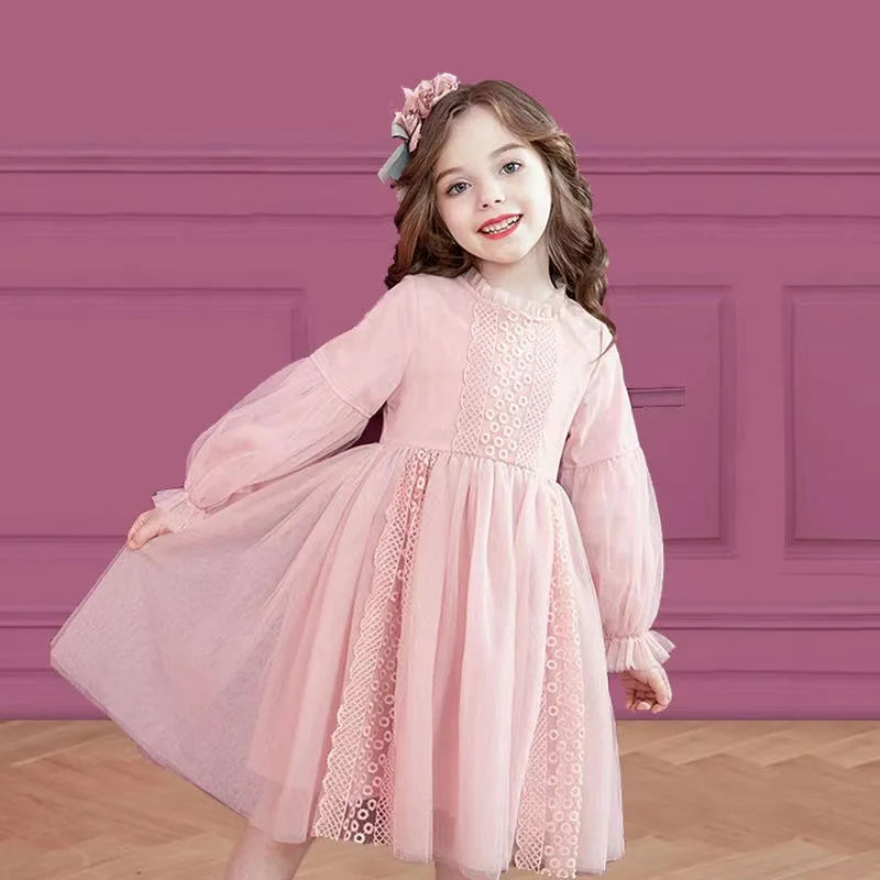 Spring Autumn Kids Girls Dresses Lantern Sleeve Lace Princess Dress Pearl Sweet O-neck Mesh Party Children's Clothing Vestidos