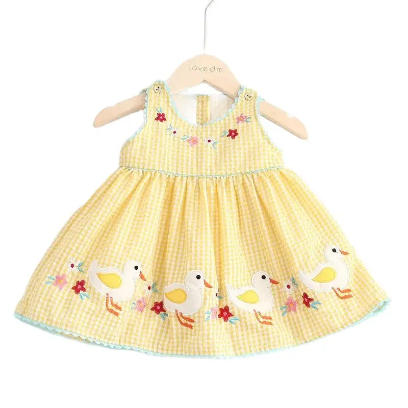 2026 Summer Toddler Baby Girls Tank Top Dresses 1-6Y Kid's Cartoon Ducklings Vest Dress Embroidered Floral Plaid Girls Outwear