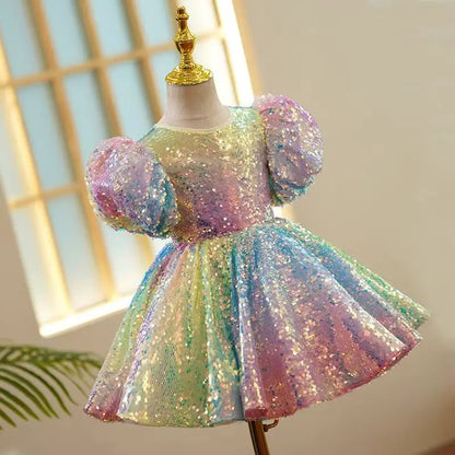 Girl Dress Pastel Sparkles Shimmers Puffy Sleeves Sequin Dress Girls Birthday Party Clothes 3-12Years
