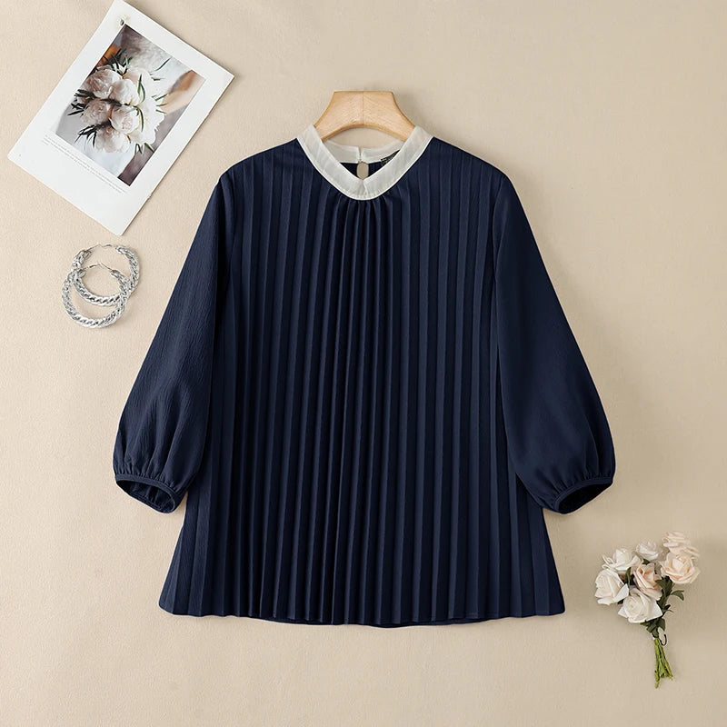 ZANZEA Women Fashion Pleated Front Blouses Contrast-Color O-Neck 3/4 Puff Sleeve Loose A-Line Tops Chic Blusa Mujer Streetwear