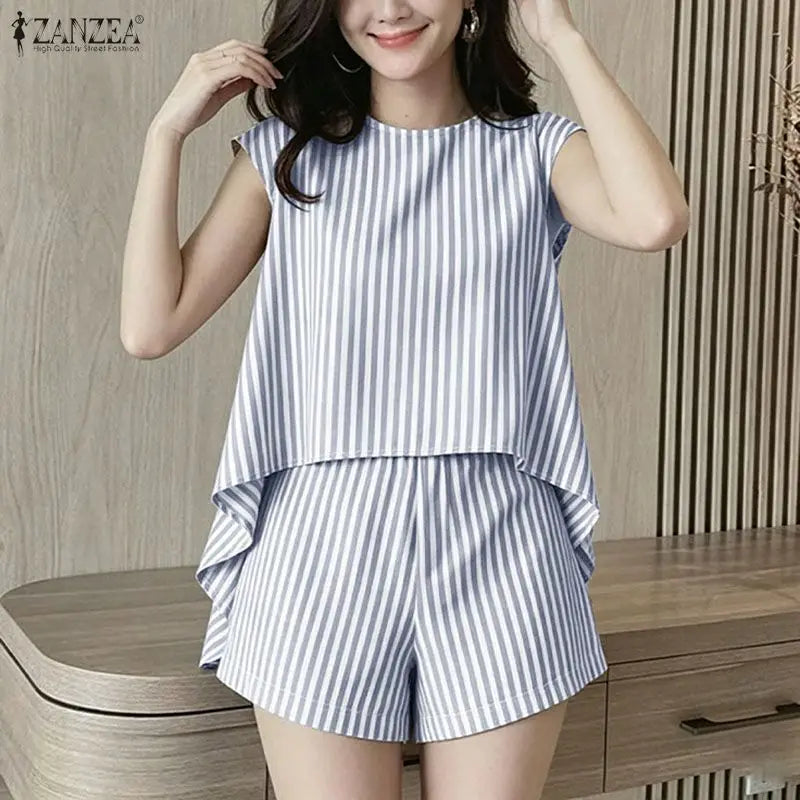 ZANZEA Women's Striped Short Sets Sleeveless High-Low Tops & Elastic Waist Shorts 2 Piece Suits Summer Casual Day Wear Outfits