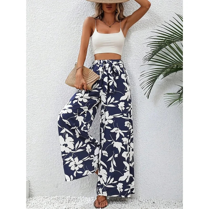 Summer Floral Print High-Waisted Wide Leg Pants Casual Comfortable Vacation Style Long Pants for Women