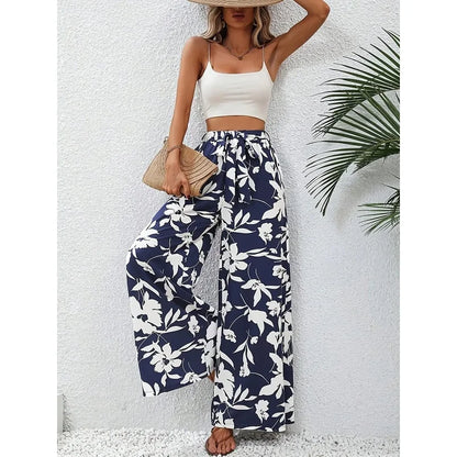 Summer Floral Print High-Waisted Wide Leg Pants Casual Comfortable Vacation Style Long Pants for Women