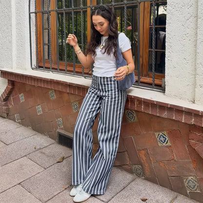 MUJER Striped Baggy Jeans Woman Summer Wide Denim Pants for Women Fashion Mid Waist Woman Trousers Streetwear Mom Women's Jeans