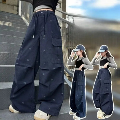 2026 Autumn New Release Trendy Girls' Butterfly Detail Straight Leg Cargo Pants Kids 5-12 Casual Wear