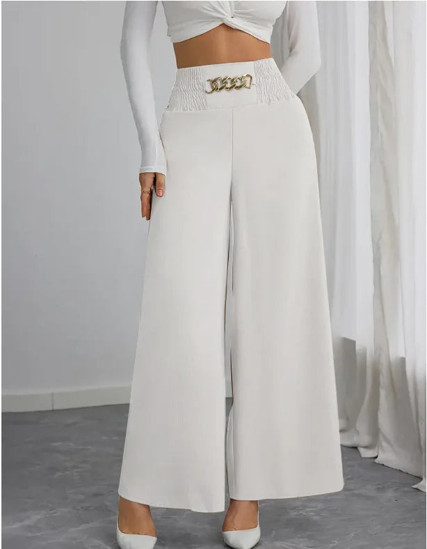 New Women's Trousers Thin High Waist Chain Elastic Waist Khaki Elegant Office Black Casual Wide-leg Pants for Female