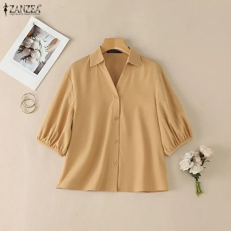 ZANZEA 2026 Woman Half Lantern Sleeves Blouses Casual Turn-Down Collar Button Up Shirts Spring Summer Solid Color Commute Tops