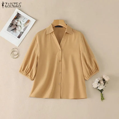 ZANZEA 2026 Woman Half Lantern Sleeves Blouses Casual Turn-Down Collar Button Up Shirts Spring Summer Solid Color Commute Tops