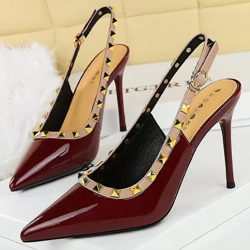 BIGTREE Shoes Rivet Design Women Pumps Patent Leather High Heels Sexy Party Shoes Stiletto Summer High Heeled Sandals Women Heel