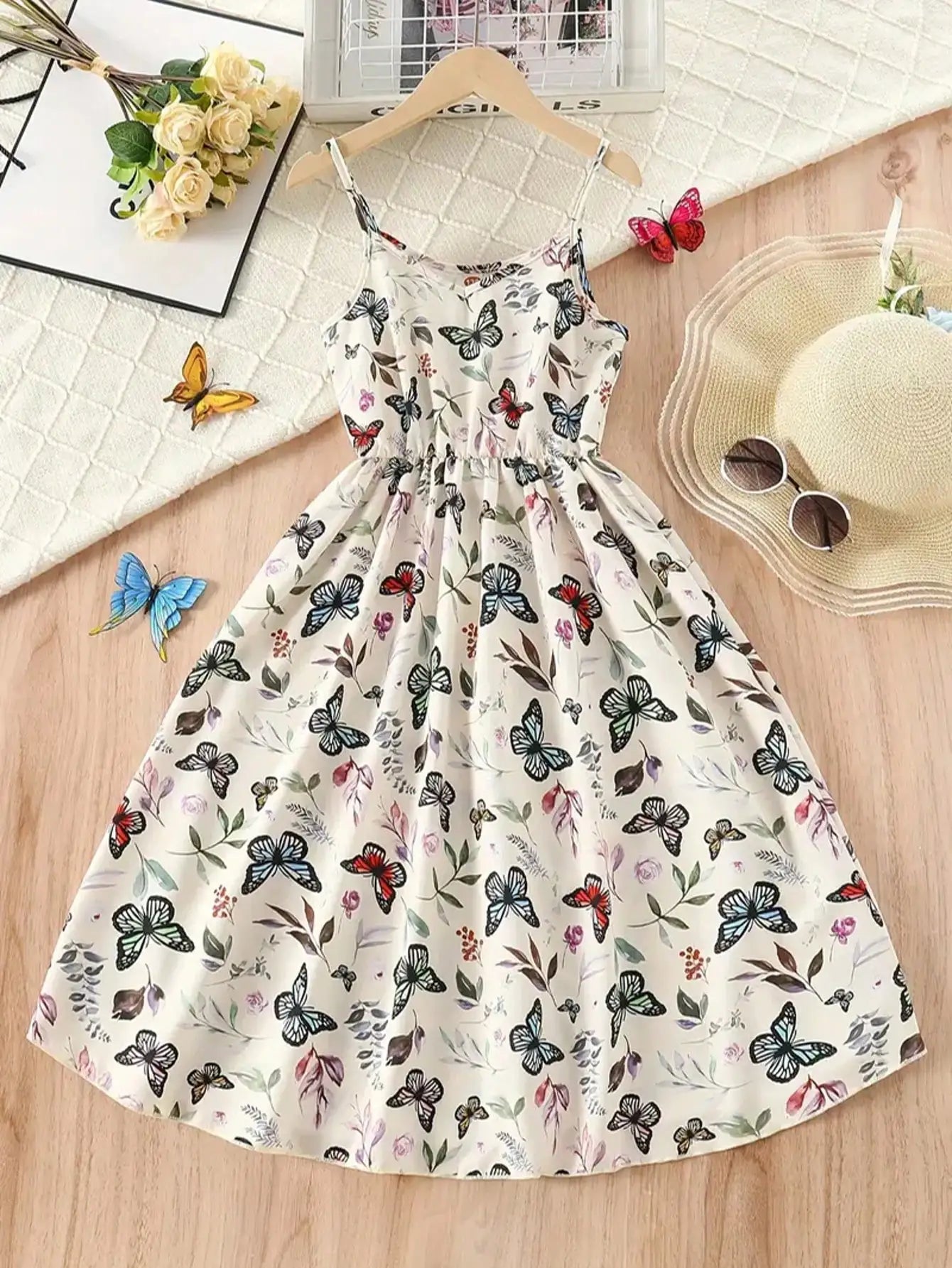 2026 casual and elegant girls' elegant butterfly print sleeveless dress - V-neck, long, perfect choice for summer