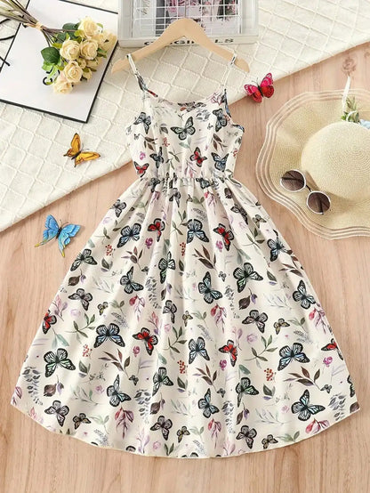 2026 casual and elegant girls' elegant butterfly print sleeveless dress - V-neck, long, perfect choice for summer