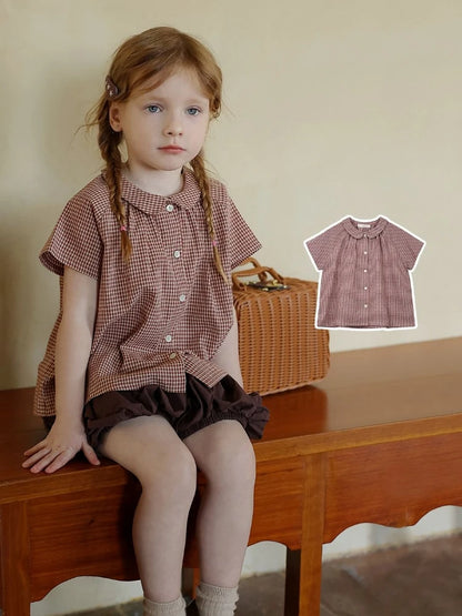 Kids Girl Summer Shirt 2026 Korean Inspired Plaid Peter Pan Collar Short Sleeve Blouse Cute Casual Top for Baby Toddler