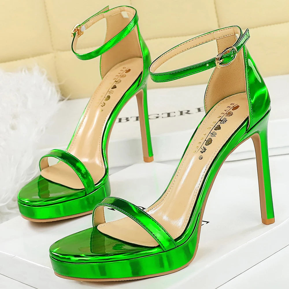 Luxury Women 11 Cm Heels Sandals Women Pumps Peep Toe High Heels Patent Leather Stiletto Lady Sandals Summer Shoes Platform Heel