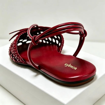 Hand Woven Back Strap Flat Sandals Women Braided Upper Design Slingback Cage Flats for Girl Cute Bow Detail Summer Casual Shoes