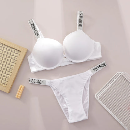 Victoria Secret Shine Script Thong Panty Very Sexy Logo Shine Strap Push Up Bra Set Sexy Women Lingerie Hot
