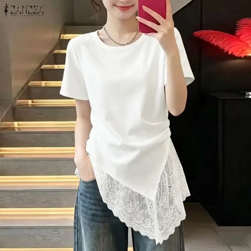 ZANZEA Woman Casual Chic Short Sleeve T-Shirts O-Neck Lace Patchwork Asymmetrical Hem Tops 2026 Summer Fashion Streetwear Tees