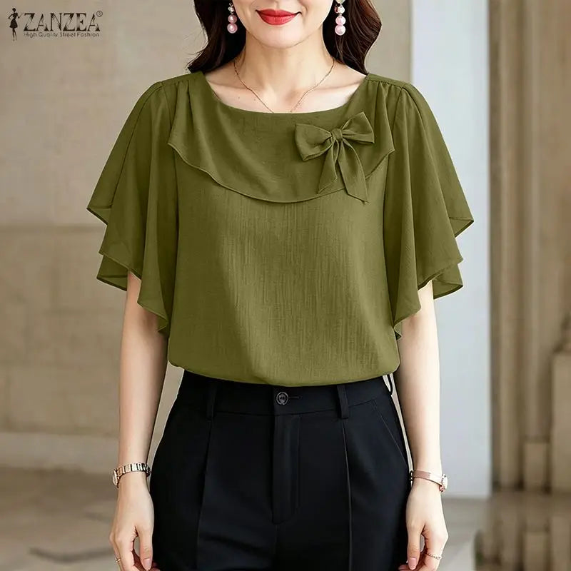 ZANZEA Women Elegant Bow Detail Blouses Summer Square Neck Ruffle Sleeves Solid Color Pullover Tops Casal Loose Blusas de Mujer