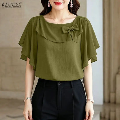 ZANZEA Women Elegant Bow Detail Blouses Summer Square Neck Ruffle Sleeves Solid Color Pullover Tops Casal Loose Blusas de Mujer