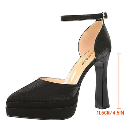 BIGTREE Shoes Double Layer Platform High Heels Women Pumps Silk Satin Chunky Heel High-heeled Sandals Women Summer Shoes 11.5 cm
