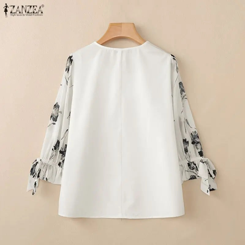 ZANZEA Womens Sophisticated Elegant Blouses Floral Printed 3/4 Puff Sleeve Casual Tops Summer V-Neck Pullover Blusas de Mujer