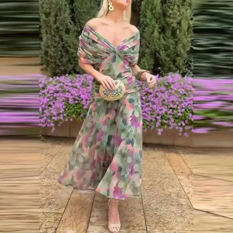 Floral Print High Waist Pleat Party Dress Elegant Women Bat Sleeve Swing Party Dress Female Chest Low Cocktail A-Line Dress HPSW