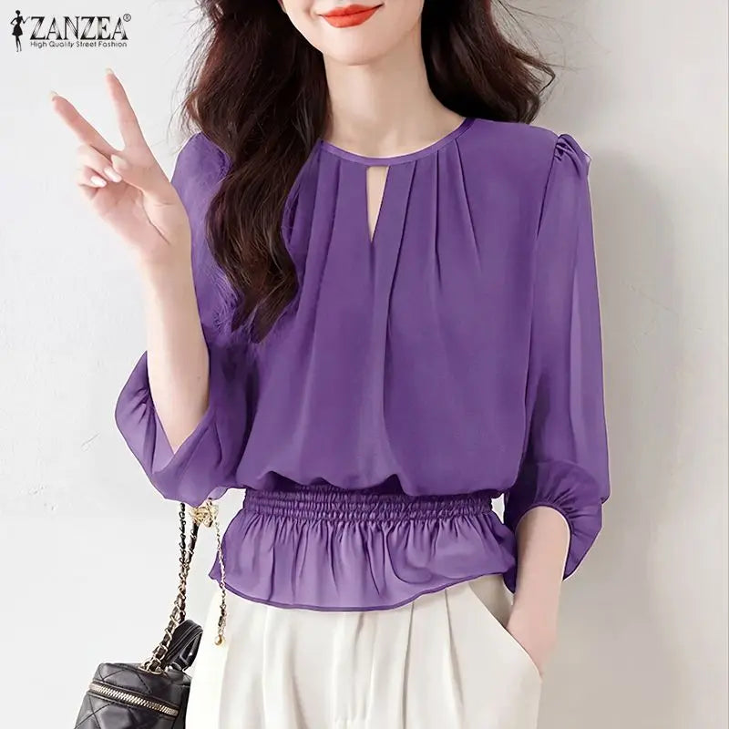ZANZEA Women Chiffon Sheer Blouses Elegant O-Neck Puff Sleeve Shirred Waist Ruffled Hem Tops Summer Commute Blusas de Mujer