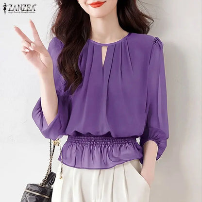 ZANZEA Women Chiffon Sheer Blouses Elegant O-Neck Puff Sleeve Shirred Waist Ruffled Hem Tops Summer Commute Blusas de Mujer
