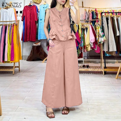 ZANZEA Women's Casual Fashion Pant Sets Ruffled Hem Sleeveless Tops & Wide Leg Pants 2 Piece Suits Summer Commute Work Outfits