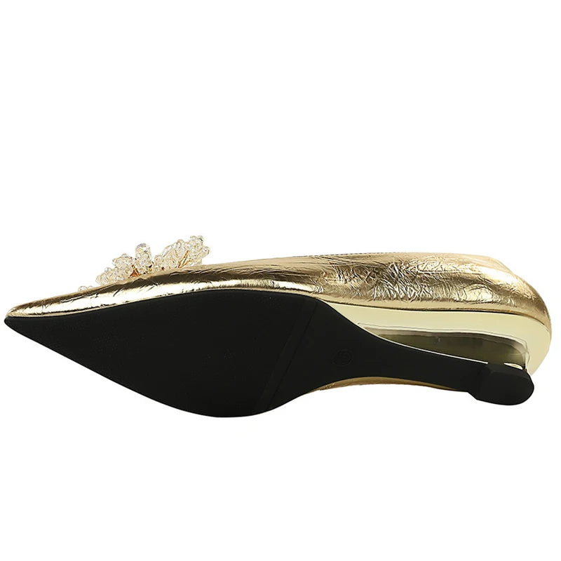 BIGTREE Shoes Women Wedges Metal Decoration Wedding Shoes Rhinestone Pointed Low Heel Ladies Shoes Luxury Banquet Shoes Fashion