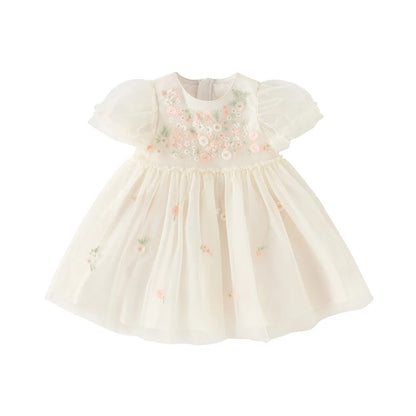 Dave Bella Children's Princess Dress for Girls 2025 New Summer Floral Puff Sleeves Mesh Charm Noble Cute Sweet Party DB2240549