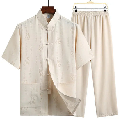 Men's Red Two-piece Summer Set: A Short Jacquard Shirt in Chinese Style Paired with Elastic-waist Pants. White, Gray, Beige-Blue