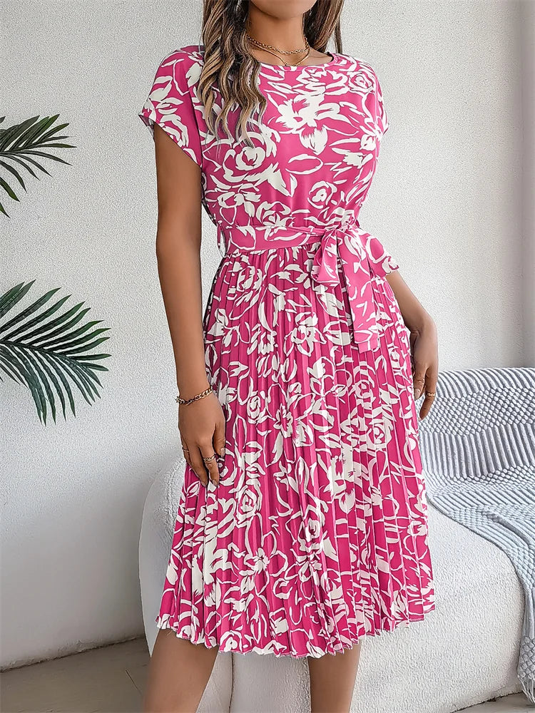 Ficusrong Fashion Floral Pleated A Line Long Dress Women Spring Summer Short Sleeve High Waist Chic Dress